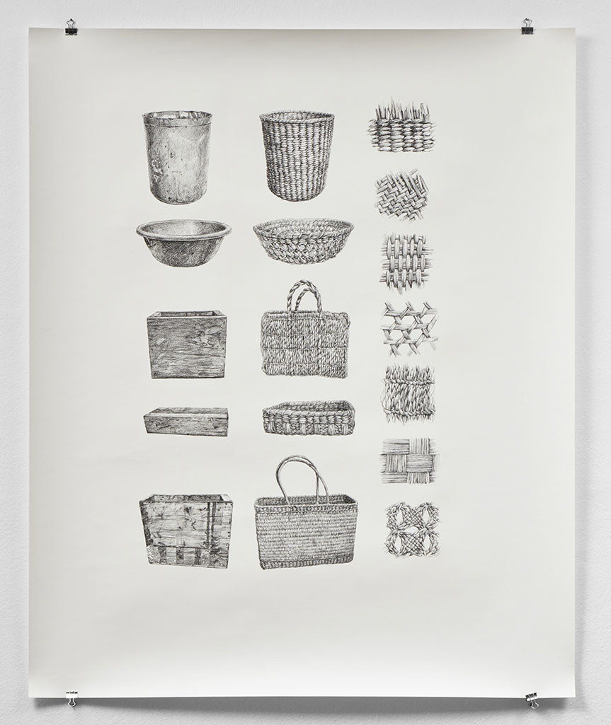 Ilustración en blanco y negro de canastas de junco. Black and white illustration of reed baskets.